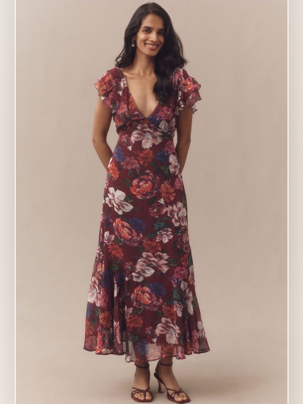 BHLDN Flutter-Sleeve Plunging Maxi Dress Floral Purple Multi Size 10